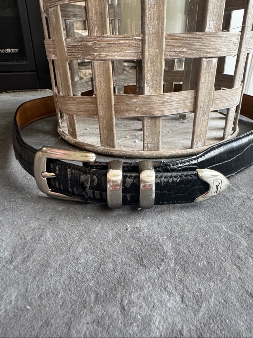 Men's Black Croc-Embossed Leather Belt with Silver Buckle